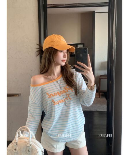 원본 품질 느긋한 바람 비스듬한 어깨 스트라이프 긴팔 티셔츠 알파벳 자수 루즈핏 슬림해 보이는 맨위 가을