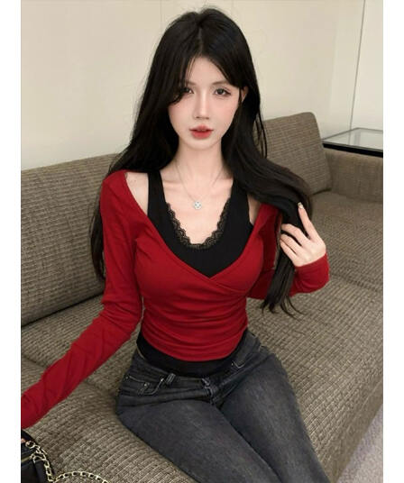 1x1 De 플러시 220 그램 슬림해 보이는 긴팔 티셔츠 여성 핫걸 순수한 욕망 바람 레이스 페이크 레이어드 V넥 맨위