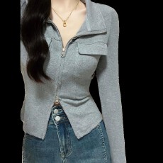 秋季polo领辣妹针织开衫女2026新款设计感修身短款双拉链上衣女