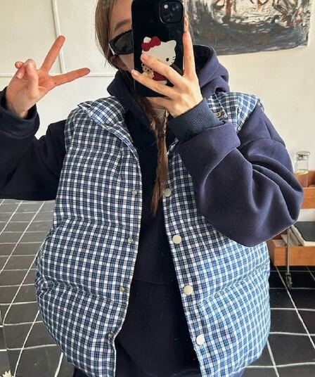 한 부서 고급 센스 파란색 체크무늬 다운 코트 조끼 여자 겨울 두꺼운 외출용 빵 목화 진딧물 재킷 맨위