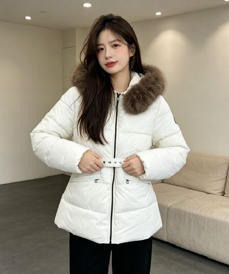 유럽 상품 큰 모피 칼라 두꺼운 보온 후드 루즈핏 빅 사이즈 작은 키 면 의류 여성 코트 외국 가스 허리 수축 품격 트렌디