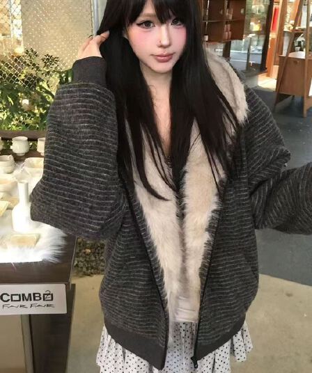 스트라이프 프로필 모양 모피 칼라 두꺼운 면 옷 남자 폭발 2026 새로운 좌 산 조각 여성 코트 머저리