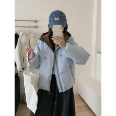 批发90白鸭绒撞色面包羽绒服女冬短款2026新款<b class='q'>情侣</b><b class='q'>连帽</b>宽松保暖外套男