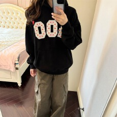 华棉复合无帽绳有口袋连帽卫衣女印花，薄款+加绒