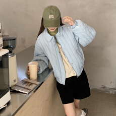 批发实拍彩色织唛竖条纹理冬翻领小个子轻盈棉服甜美<b class='q'>韩版</b>宽松棉衣外套