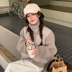 批发韩系<b class='q'>针织</b>毛衣拼接立领棉服外套女冬轻薄小个子宽松百搭保暖面包服