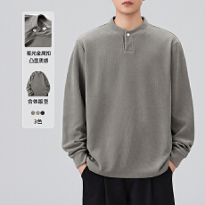 批发2025秋冬<b class='q'>男士</b>单扣卫衣欧棉绒假两件立领坑条绒长袖T恤亨利领上衣