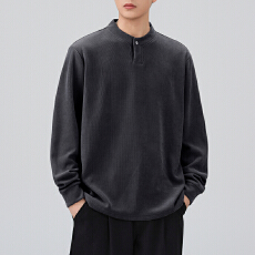 批发2025秋冬<b class='q'>男士</b>单扣卫衣欧棉绒假两件立领坑条绒长袖T恤亨利领上衣