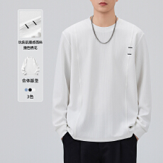 批发2025秋冬美式提花拼接竖条长袖t恤男<b class='q'>夏</b>季坑条肌理感百搭宽松上衣
