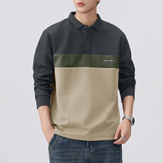 批发2025秋重磅翻领<b class='q'>男士</b>polo衫撞色拼接长袖翻领绣花长袖翻领上衣