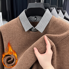 批发雪貂毛衣男加绒加厚保暖假两件上衣一体绒针织衫polo<b class='q'>衬衣</b>领冬季潮