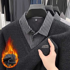 批发雪貂毛衣男加绒加厚假两件毛衣一体绒雪貂针织衫polo<b class='q'>衬衣</b>领冬季潮