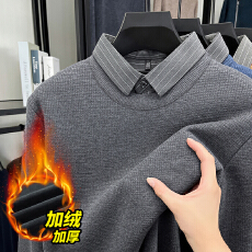 批发玉米格纹毛衣男加绒加厚假两件毛衣一体绒针织衫polo<b class='q'>衬衣</b>领冬季潮