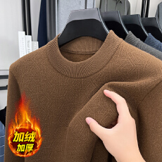 批发冬季圆领提花毛衣男加绒加厚假两件毛衣一体绒横机<b class='q'>针织衫</b>加绒保暖