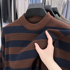 批发冬季条纹绵羊毛圆领毛衣男加绒加厚毛衣一体绒条纹<b class='q'>针织衫</b>加绒保暖