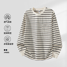 批发2025新圆领条纹男春秋口袋条纹T恤棉质条纹打底长袖T恤男卫衣品质