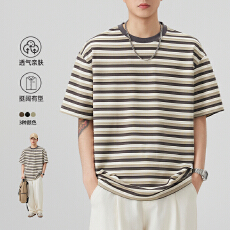 2026夏季新款提花条纹宽松短袖圆领上衣青少年半袖港风T恤