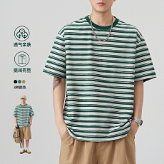 批发2026夏季新款彩纱条纹宽松短袖圆领上衣<b class='q'>青少年</b>半袖凉感拉架<b class='q'>T</b><b class='q'>恤</b>