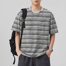 批发2026夏季新款彩纱条纹宽松短袖圆领上衣青少年半袖双纱<b class='q'>潮</b>牌