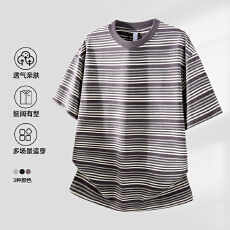 2026夏季新款彩纱条纹宽松短袖圆领上衣青少年半袖双纱潮牌