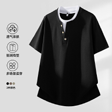 批发2026假两件领短袖<b class='q'>t</b><b class='q'>恤</b>男夏季时尚休闲格纹提花肌理感百搭半袖上衣