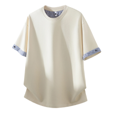 批发2026夏季新款假两件凉感<b class='q'>男士</b>半袖T恤云朵棉短袖圆领宽松条纹袖