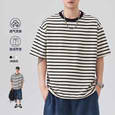 批发2026夏季新款重磅提花条纹宽松短袖圆领上衣青少年半袖港风<b class='q'>T</b><b class='q'>恤</b>