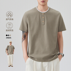 批发2026假两件领短袖t恤男夏季时尚休闲格纹提花肌理感百搭半袖<b class='q'>上衣</b>