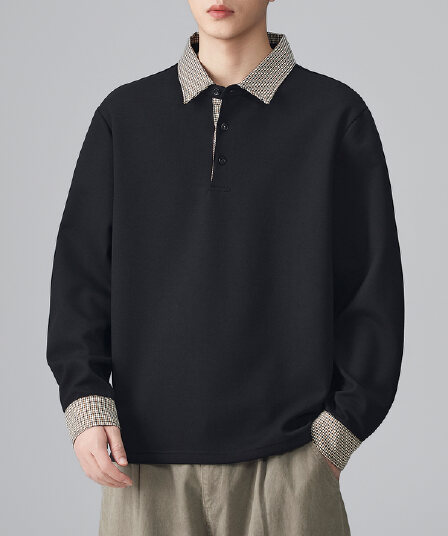 2026 가을 겨울 남성 페이크 레이어드 하운드투스 체크 패치워크 긴팔 POLO 셔츠 티셔츠 수천 마리 곡물 폴로 칼라 맨위