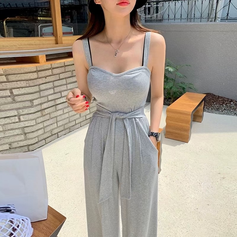 FA35211# 韩国chic方领系带收腰显瘦双口袋过膝长款吊带连体裤 服裝批發女裝批發服飾貨源