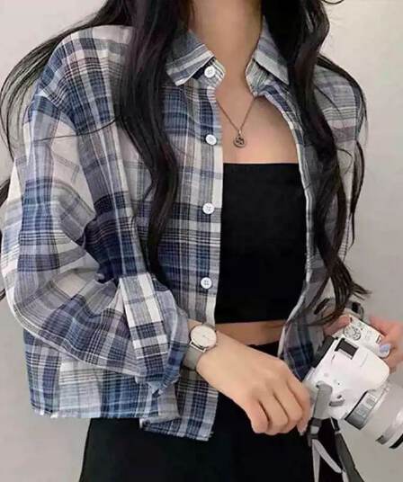 레트로 체크무늬 폴로 칼라 단추 쇼트 스타일 셔츠 루즈핏 캐주얼 다용도 슬림해 보이는 긴팔 자외선 차단 셔츠