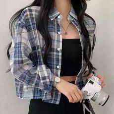 批发复古格子翻领排扣短款衬衫宽松休闲百搭显瘦长袖防晒衬衣