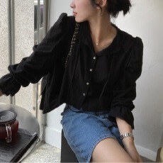 批发韩国甜美喇叭袖<b class='q'>刺绣</b>蕾丝衫 单排扣纯色衬衣女<b class='q'>上衣</b>