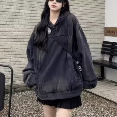批发美式潮牌高街水洗复古牛仔连帽宽松卫衣外套女磨白套头