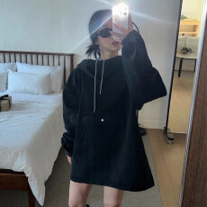 批发2026<b class='q'>韩国</b>INS风 中长款套头<b class='q'>牛仔</b>卫衣<b class='q'>外套</b>宽松连帽<b class='q'>牛仔</b>长裙