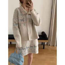 批发2025秋冬新款韩版撞色提花毛衣开衫半身裙套装