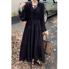 批发实拍法式温柔风气质系带灯笼袖收腰镂空刺绣连衣裙女