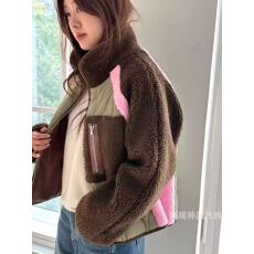 批发韩国东大门秋冬26新款立领拉链摇粒绒拼接棉服外套