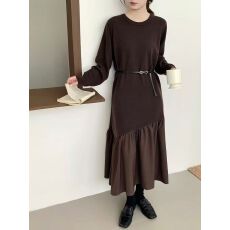 批发新款法式气质网纱裙摆拼接喇叭袖针织高腰<b class='q'>中长</b>裙<b class='q'>连衣裙</b>女