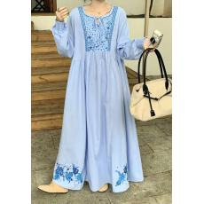 批发实拍胖mm宽松民族度假风刺绣长袖大码过膝连衣裙女