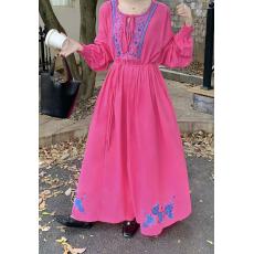 批发实拍胖mm宽松民族度假风刺绣长袖<b class='q'>大码</b>过膝<b class='q'>连衣裙</b><b class='q'>女</b>