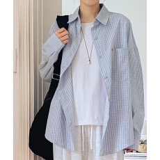 批发韩国女装2026早春新品小格纹单口袋宽松长袖休闲衬衫