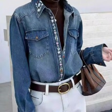 批发欧货2026新款复古港风刺绣牛仔衬衫女长袖翻领宽松上衣潮