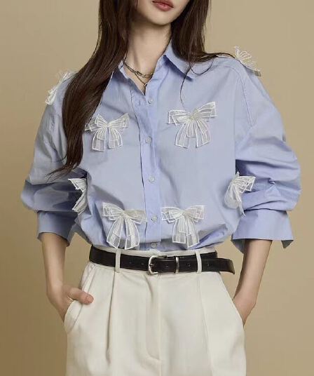 한국 동대문 3 차원 레이스 나비 매듭 루즈핏 폴로 칼라 중간 길이 여성 셔츠 대 에디션 셔츠