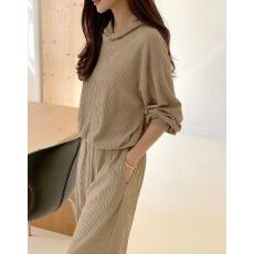 高腰宽松阔腿裤松紧腰亲肤肌理衬衫下摆抽绳设计连帽套装