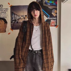 批发防晒肌理感格子衬衫女户外慵懒风薄款连帽情侣衬衣外套潮