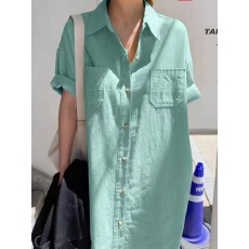 批发<b class='q'>韩国</b>夏季新款长款连衣裙宽松慵懒风过膝衬衫式连衣裙女