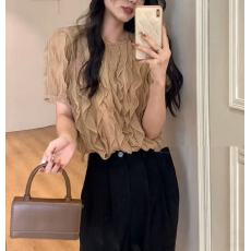 批发2026<b class='q'>韩国</b>荷叶边流苏网面短袖蕾丝衫 透感镂空钩花衬衫上衣