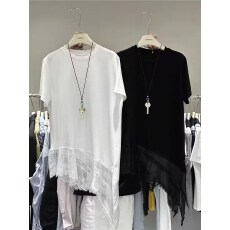 批发韩系2026早春新款韩版时尚<b class='q'>短袖</b>拼接蕾丝下摆T恤女气质上衣