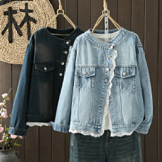 批发实拍大码显瘦减龄宽松<b class='q'>蕾丝</b>花边拼接牛仔外套女